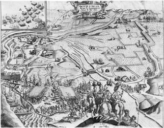 Belegering van Ile de Re met de voorstelling van het koninklijk leger, 1622